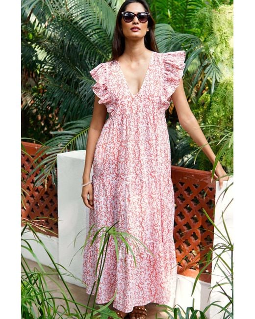 La Mandarine Pink Floral Summer Maxi Dress, Frilled Sleeve Cotton Summer Dress With Pockets, Coralie