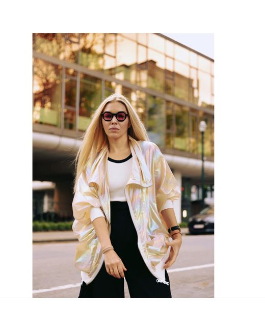 Julia Allert Natural Oversized Zip-Up Bomber Jacket Holographic Shiny