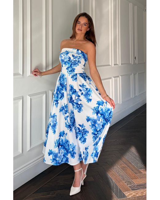 Girl In Mind Blue Danni Strapless Bandeau Midi Dress Floral