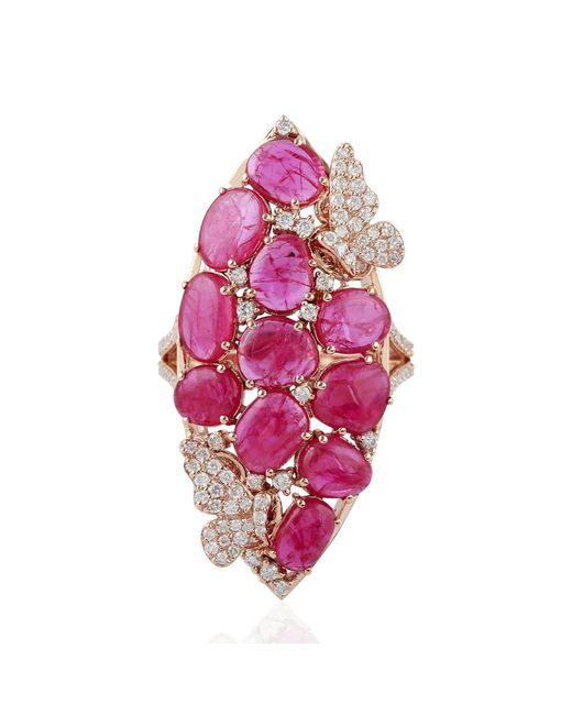 Artisan Pink 18k Rose Gold Marquise Shape Ring Diamond Ruby Gemstone Jewelry