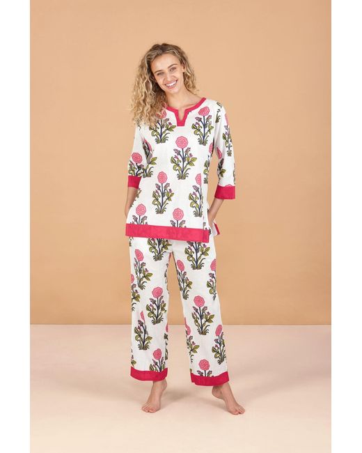 Inara White Rosette Bloom Floral Cotton Pyjamas