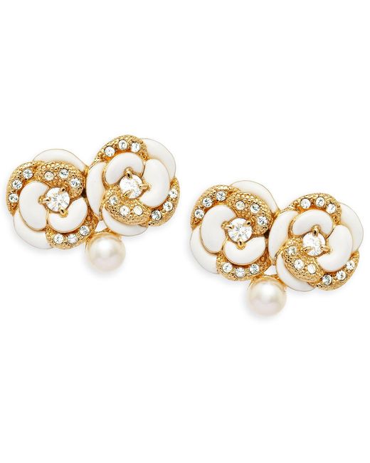 Grosse Metallic Pearl & Crystal Flower Earrings, Series Blanc Camelia