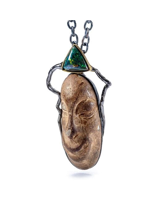 German Kabirski Brown Amica Pendant With Ancient Mediterranean Stone Maskette And Opal