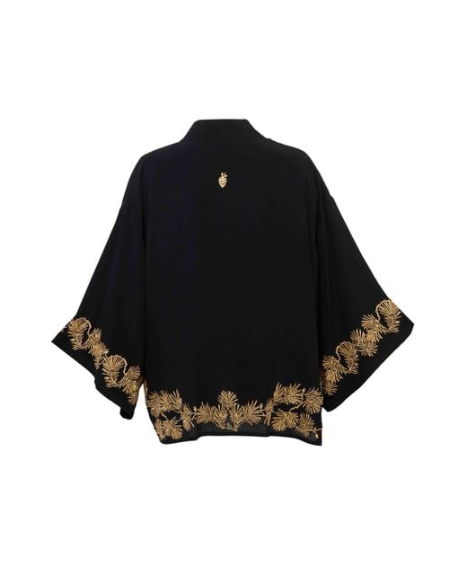 Artemis Muse Black Japanese Pine Needle Embroidered & Fully Lined Short Kimono