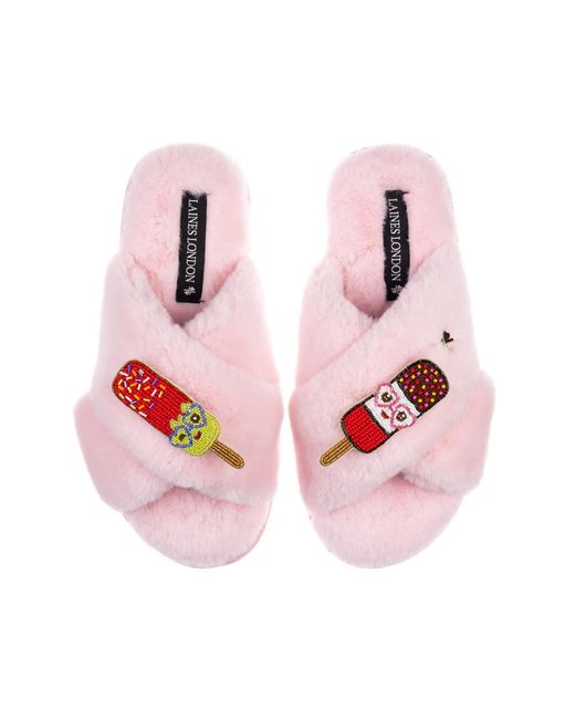 Laines London Pink Classic Laines Slippers With Cute Ice Lolly Brooches