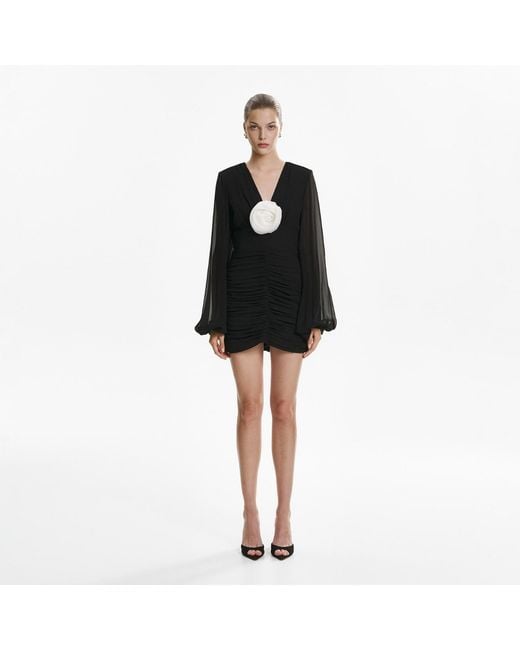 Lita Couture Black Ruched Floral-Appliqué Dress