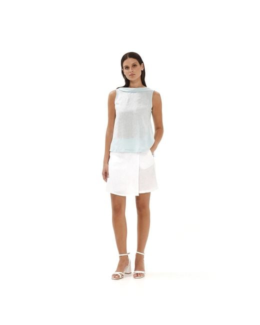 Haris Cotton Blue Boat Neckline Sleeveless Linen Top With Deep V Back Sapphire
