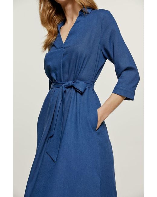 Conquista Blue Linen Style Midi Dress With Belt