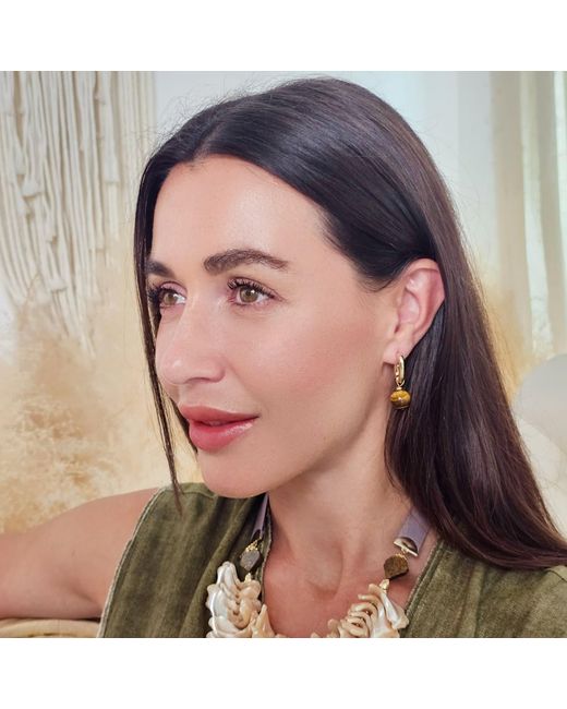 Farra Metallic Tiger-Eye Stone Dangle Modern Hoop Earrings