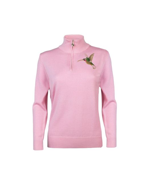 Laines London Pink Laines Couture Quarter Zip Jumper With Embellished Hummingbird