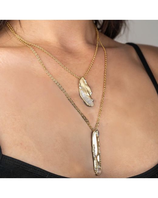 Rare Matters Jewelry Metallic Organic Double Drop Necklace Clear Quartz