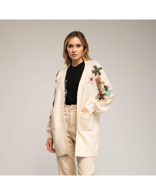 Tantra Spain Sl Natural Neutrals Long Knit Jacket With Embroidered Flowers On The Sleeves And Front Pockets
