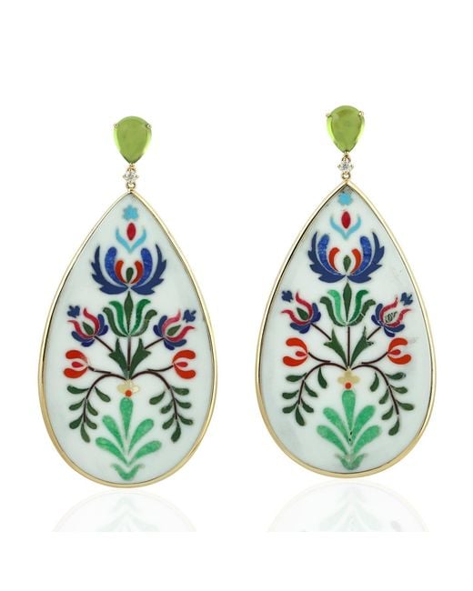 Artisan Multicolor 18k Yellow Gold Flower Enamel Dangle Earrings Diamond Peridot Gemstone Jewelry