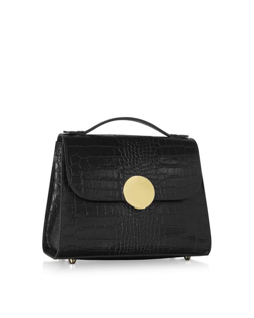 Le Parmentier Black Bombo Croco Embossed Leather Top-Handle Satchel Bag W/Strap
