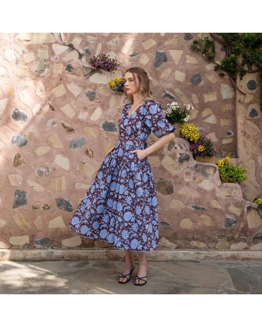 Echo of Pink Blue Elodie Hand Block Print Cotton Drop Waist Dress