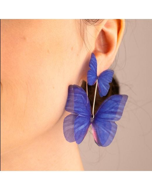 Oana Savu Blue Dark Silk Butterfly Earrings Sterling Statement Dangle Ear Wires