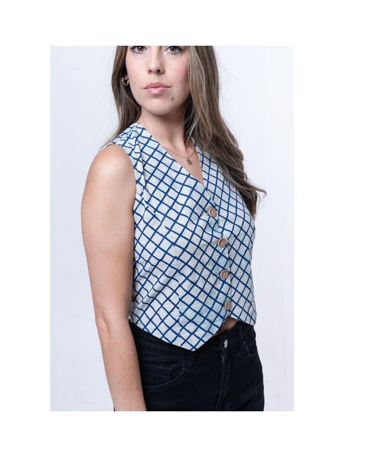 House of Gl White Sage Tailored Cotton Vest Top With V-Neck And Button Front