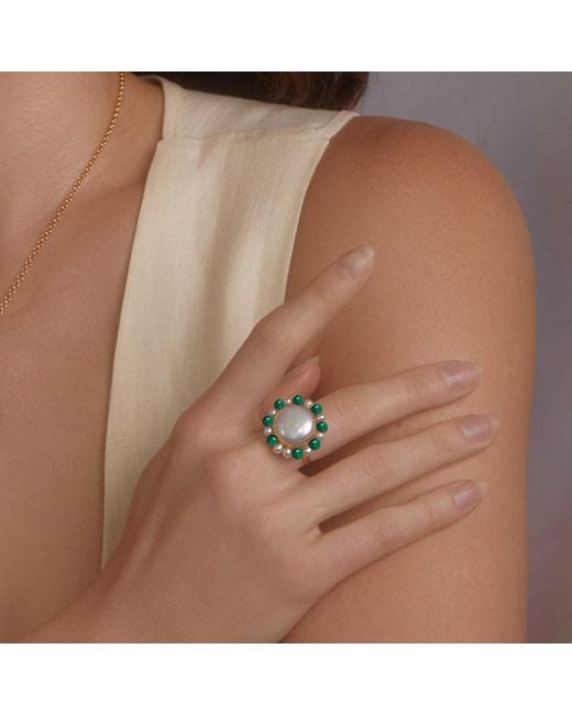 Vintouch Italy Green Lotus Gold-plated Pearl And Malachite Ring