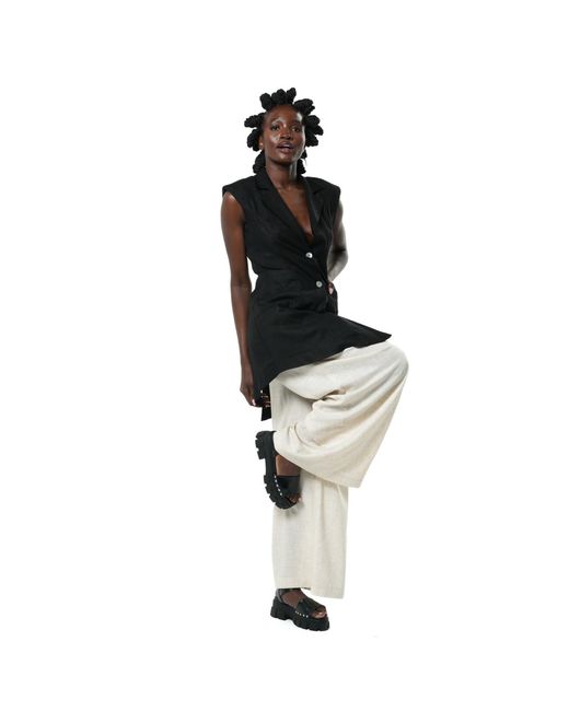 Metamorph White Neutrals Paperbag High Waist Trousers With Linen
