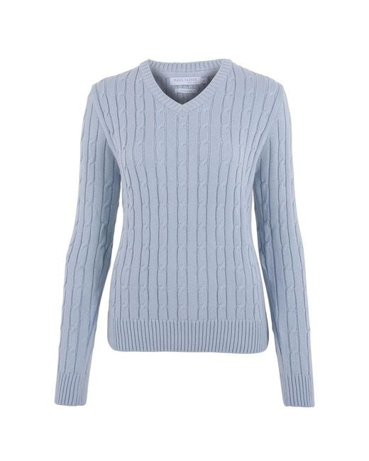 Paul James Knitwear Blue Cotton Talulah Cable V Neck Jumper