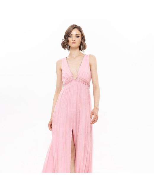 Nissa Pink V-Neck Silk Maxi Dress Light