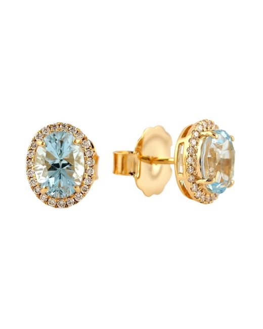 Artisan Metallic Blue Topaz Solid Yellow Gold Natural Diamond Stud Earrings Handmade Jewelry