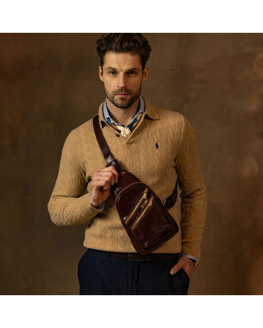 Time Resistance Brown Leather Sling Bag for men