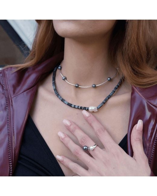 LINYA JEWELLERY Metallic Silga Baroque Pearl Hematite Stone Necklace