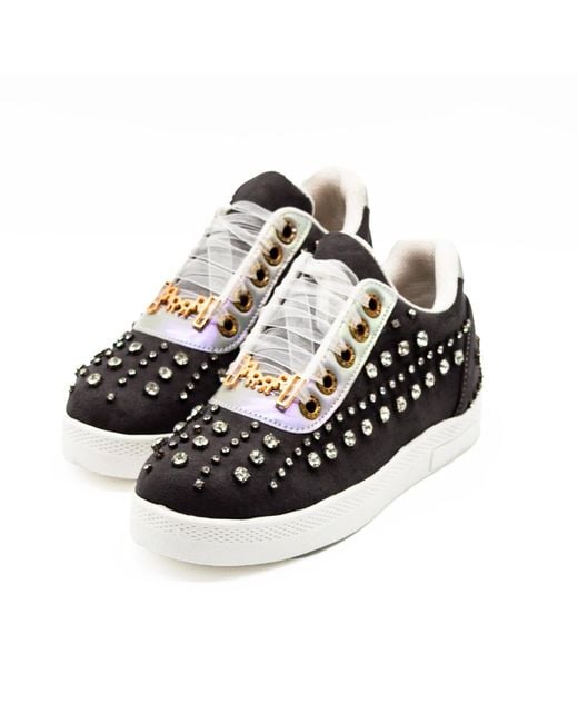 Rettrose Black Charlie Luxury Slate Suede Handmade Embellished Tennis Shoe
