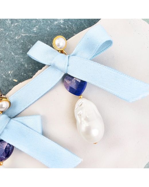 Farra Blue Baroque Pearl With Lapis And Silk Bowknot Earrings