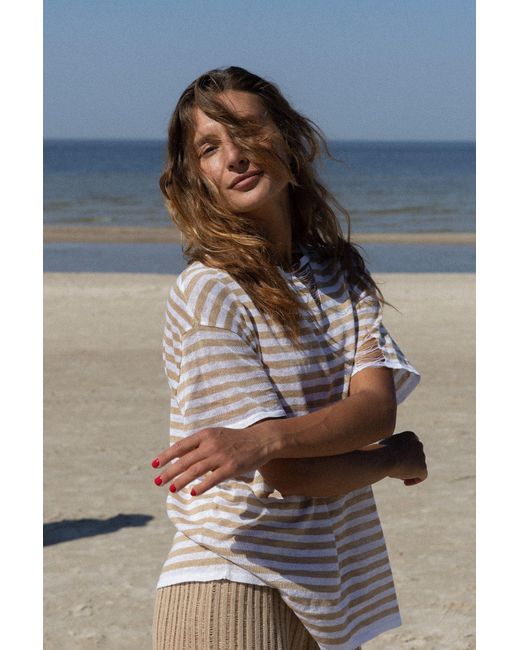 SALANIDA White Energia Ripped Linen T-Shirt Caramel Striped