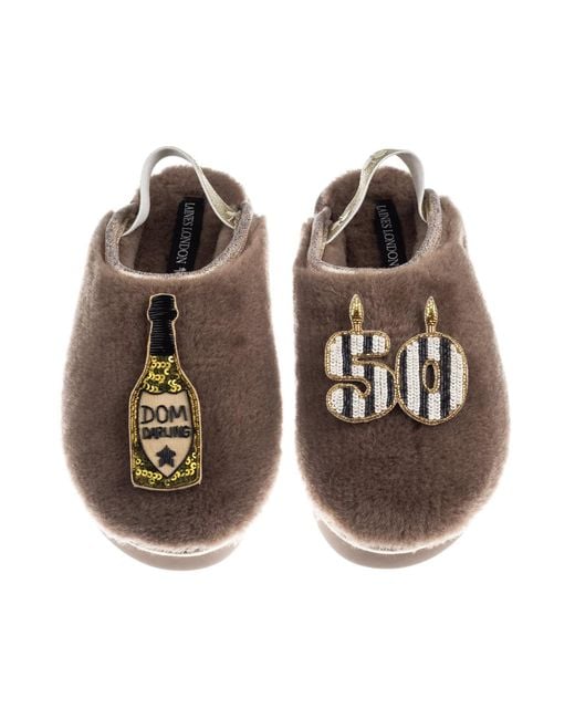 Laines London Brown Neutrals Flatform Cloud Closed Toe Slippers With Stripe 50Th Birthday & Dom Darling Brooches