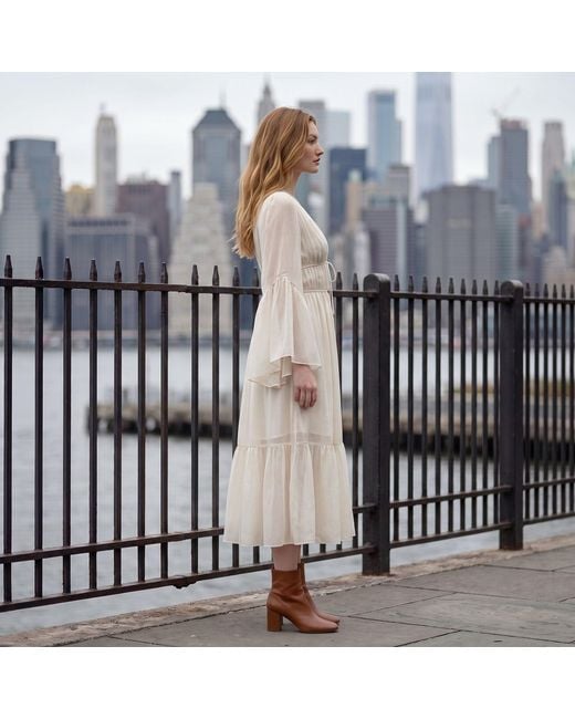 Modenaire White Vacation Style Ruffle Sleeve Maxi Dress With Plunging Neck & Tie Waist