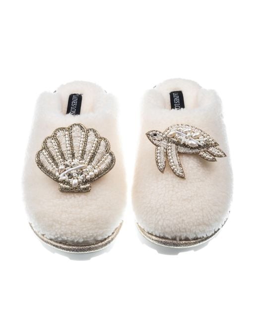 Laines London Metallic Teddy Closed Toe Slippers With Pearl Beaded Turtle & Shell Brooches