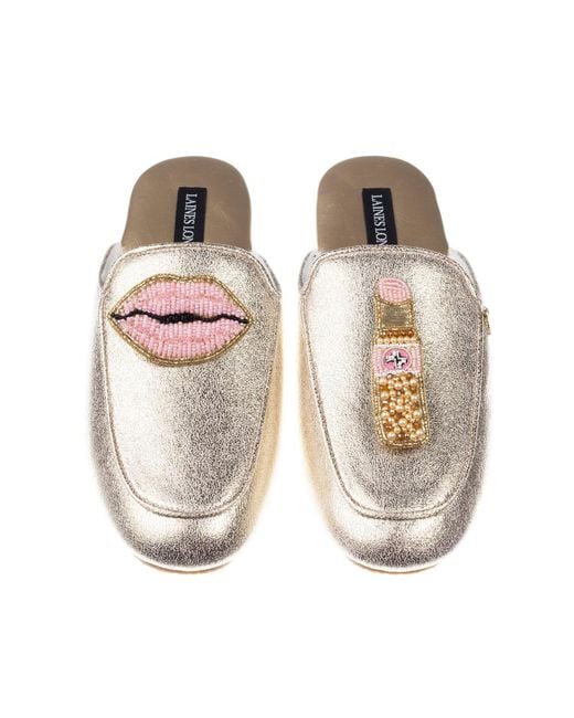 Laines London Metallic Classic Mules With Pearl Lips & Lipstick Brooches