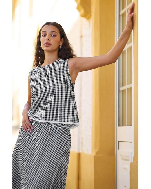 Yumi' Gray Gingham Cotton Midi Skirt