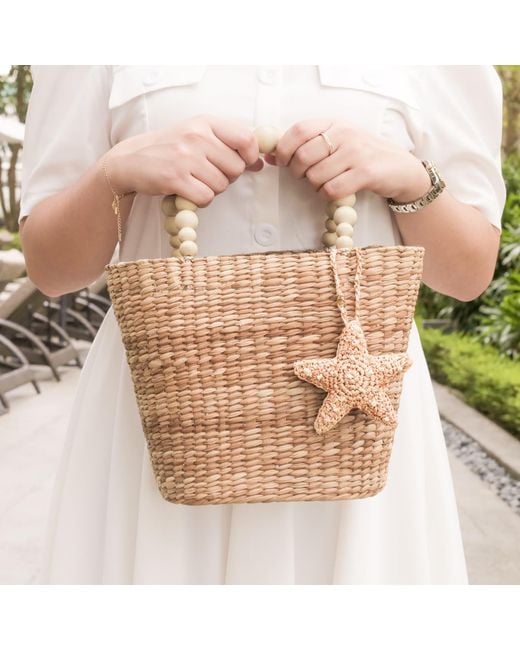 LIKHÂ Natural Small Market Tote Bag With Wood Bead Handles