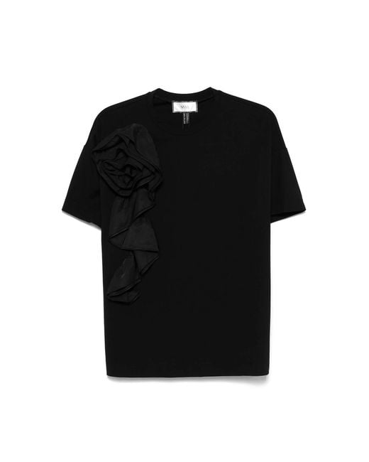 Nissa Black Floral-Appliqué Viscose T-Shirt