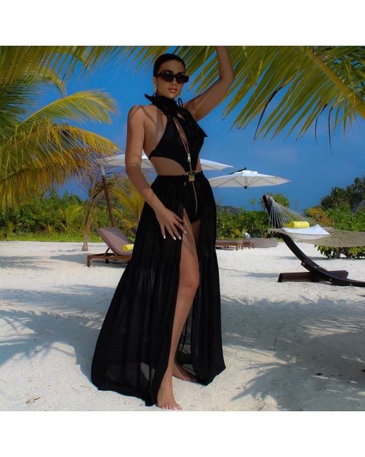 ANTONINIAS Black Cynosure Cut-Out One-Piece Swimsuit With Accents And Front Zip