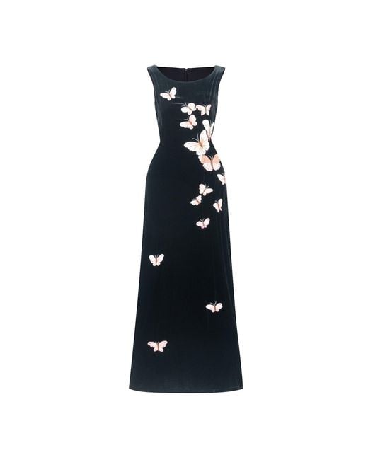 Silk and Bears Black Hand-Embroidered Silk Velvet Maxi Evening Dress — Butterfly — Velvet Atelier