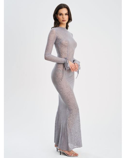 Miss Circle New York Gray Waylynn Animal Print Burnout Velvet Detail Mesh Backless Maxi Dress