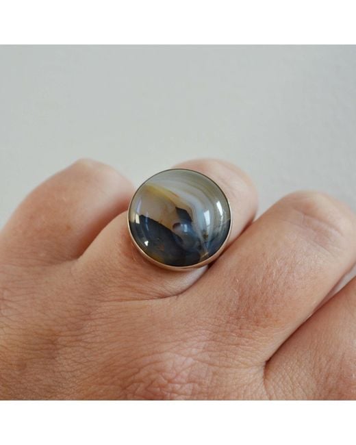 Glamrocks Jewelry Blue Round Montana Agate Sterling Ring