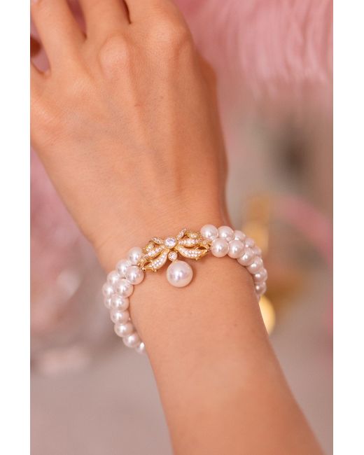 Santinni White Sissi Double Strand Pearl Bracelet With Bow