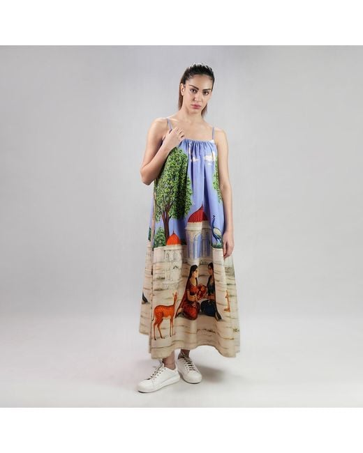 DHARA SHETH DUBAI Blue Saanjh Heritage Art Print Spaghetti Strap Cotton Maxi Dress