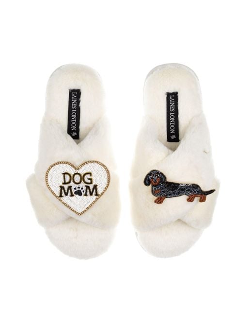 Laines London Metallic Neutrals Classic Laines Slippers With Dog Mum/Mom & Dapple Dachshund Brooches