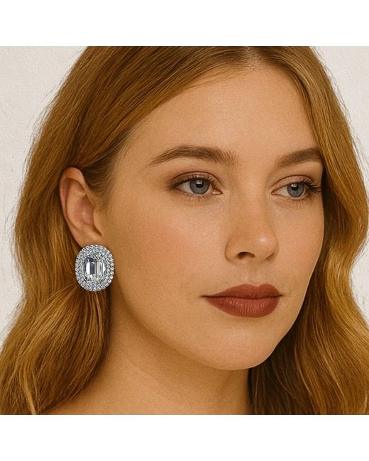 Maison De Gala White Oval Triple Halo Stud Earrings