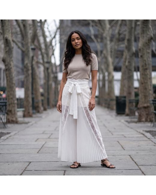 Modenaire White Sheer Lace Panel Pleated Maxi Skirt With Waist Tie Detail