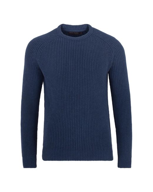 Paul James Knitwear Blue Heavyweight Cotton Fisherman Rib Knit Jumper for men