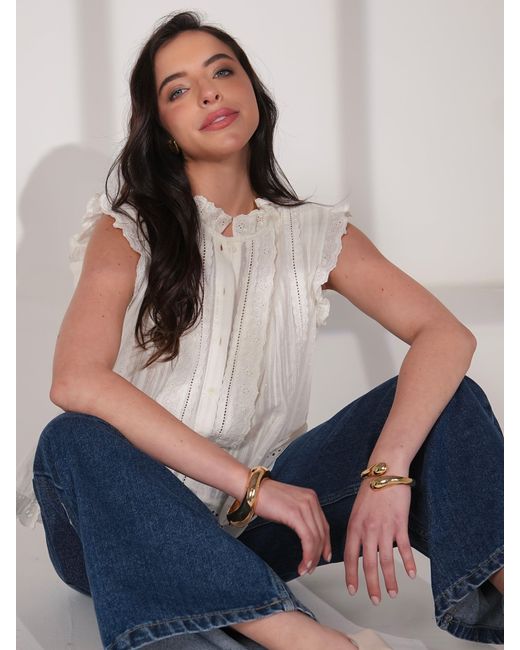 Rose & Nancy White Jean Ivory Cotton Lace Trim Pretty Swing Top