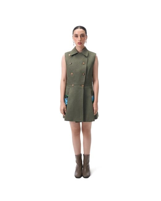 Rondooz Green Hand Painted Denim Mini Dress With Antique French Gobelin Tapestry & Hand Applied Embellishmen